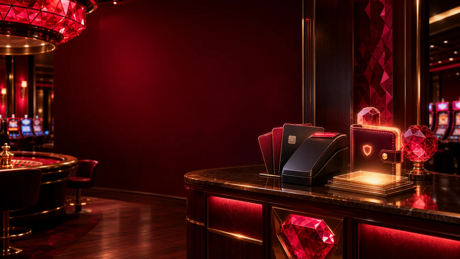 Ruby-toned casino cashier with a card terminal and secure wallet